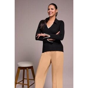 Tribal Long Sleeve Polo Sweater Blanket Stitch Black‎ Petite Small NWT